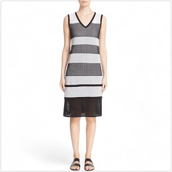 St. John Dress Black and White Pointelle Double Knit Striped Tank Sleeveless L - Picture 1 of 6